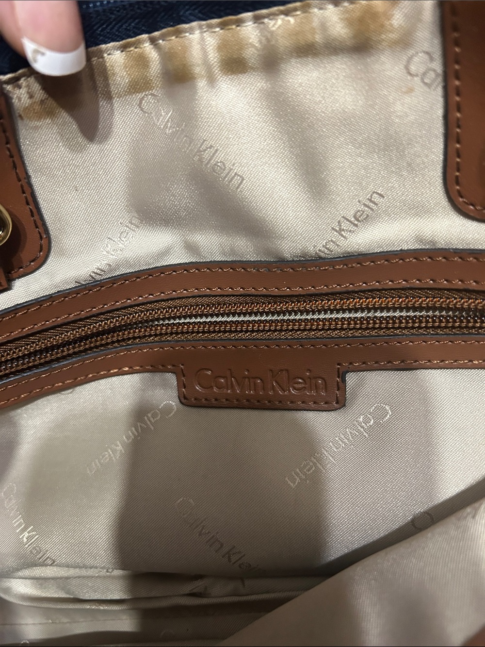 Calvin Klein Navy Tote with Brown Leather Handles & Gold Hardware - Picture 2 of 7